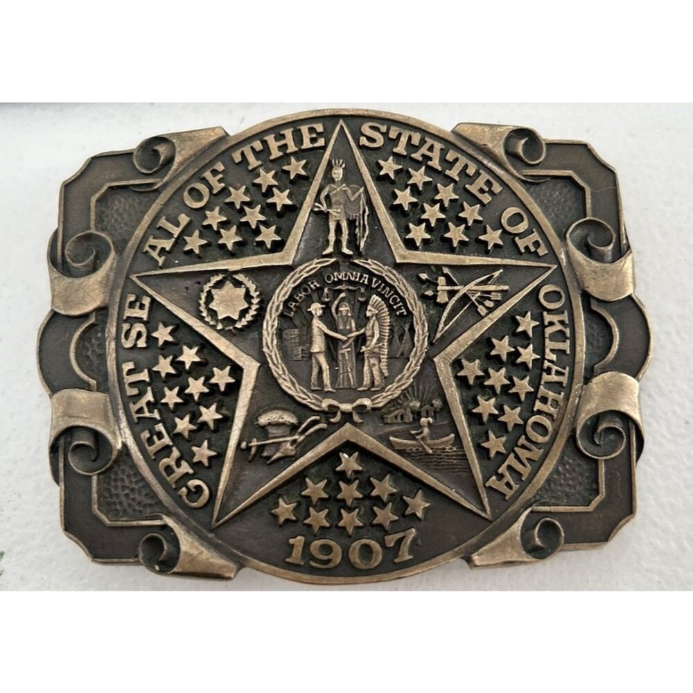 Vintage ADM Award Design Metals Inc Solid Brass Buckle Great Seal State of Ok